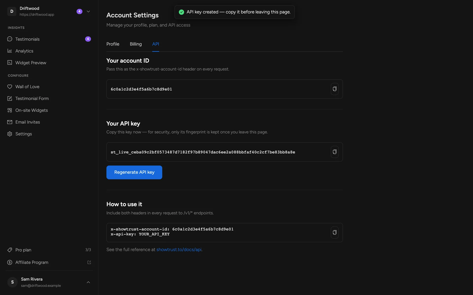 Account Settings, API tab with account ID and API key