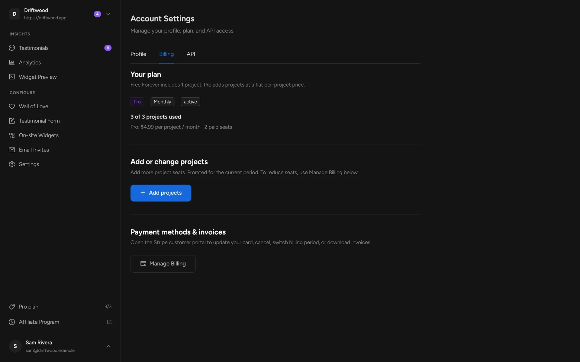 Account Settings, Billing tab on the Pro plan