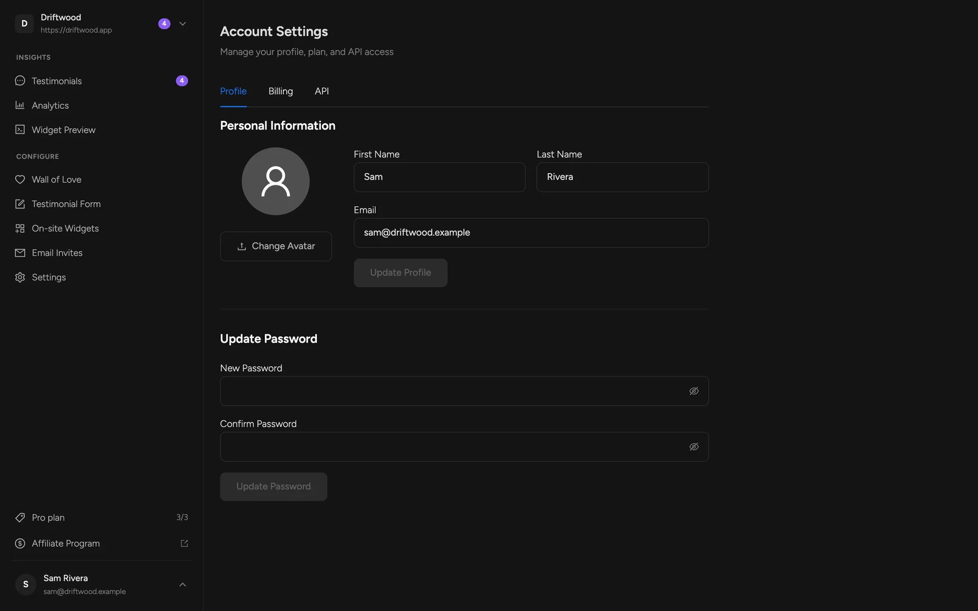 Account Settings, Profile tab