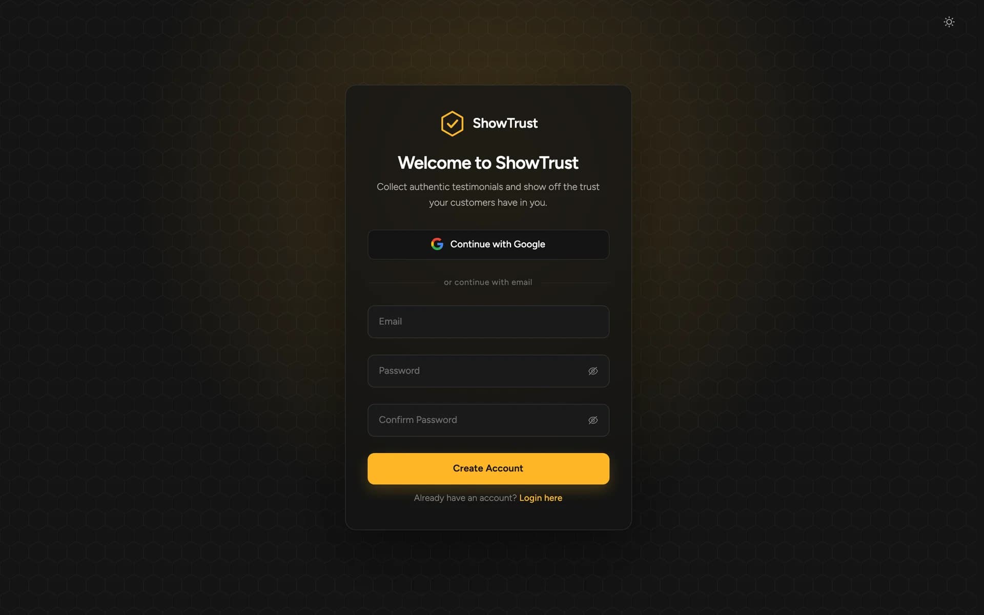 The ShowTrust sign-up screen