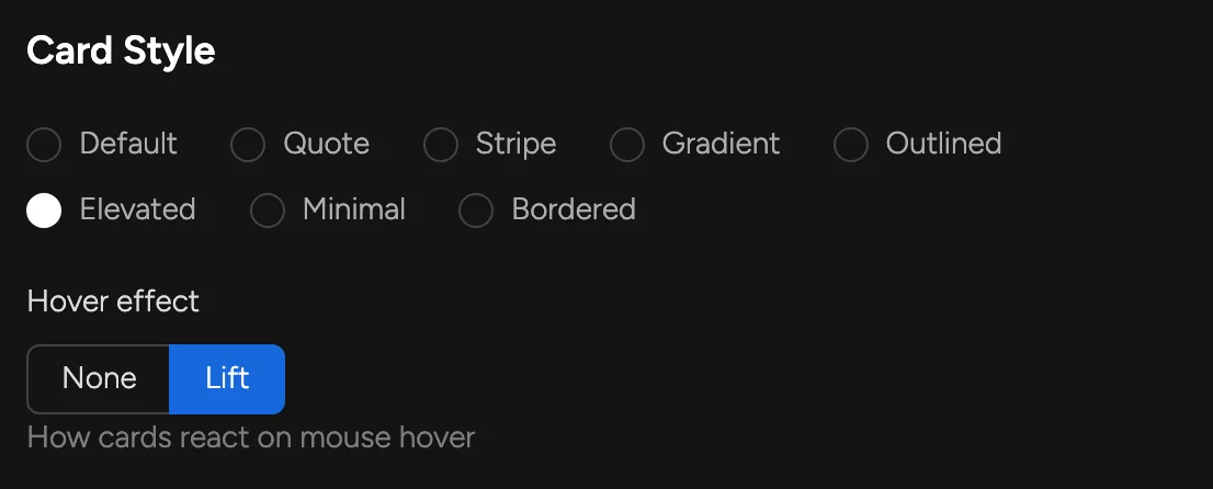 Card style and hover effect settings
