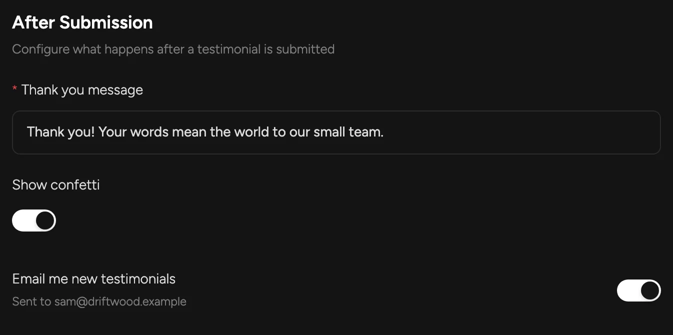 After Submission settings: thank-you message and confetti