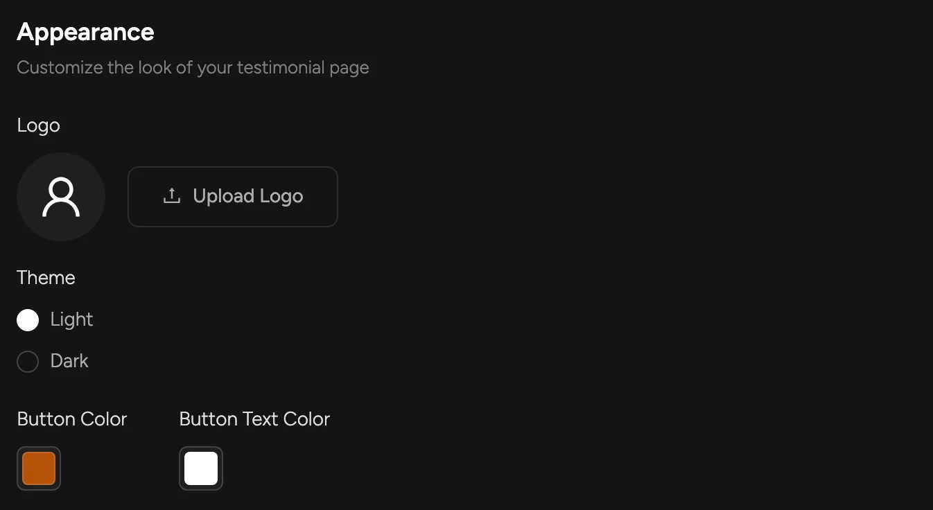 Appearance settings: logo, theme and button colors