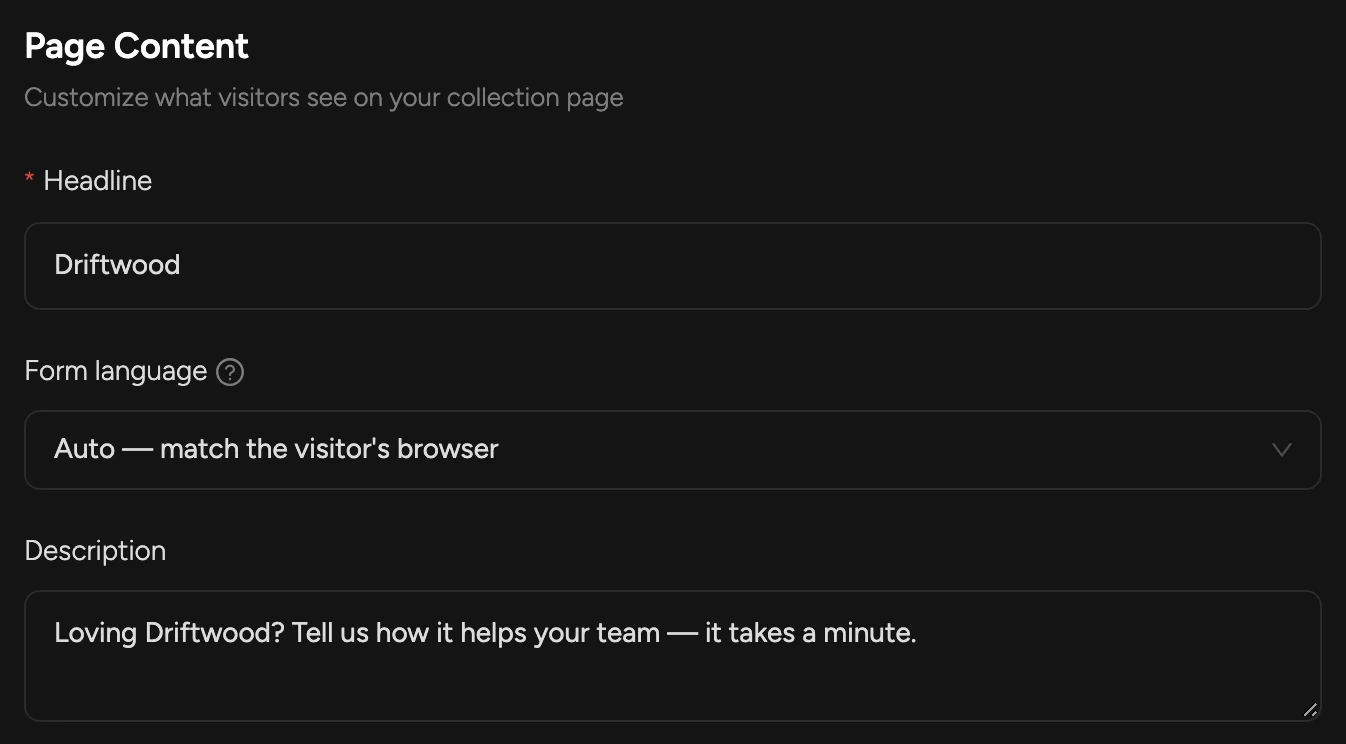 Page Content settings: Headline and Description