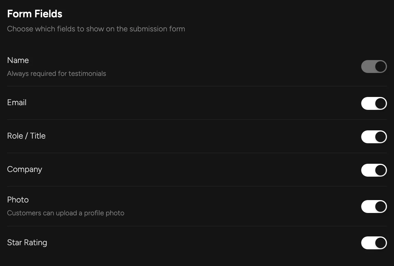 Form Fields settings with a toggle for each field
