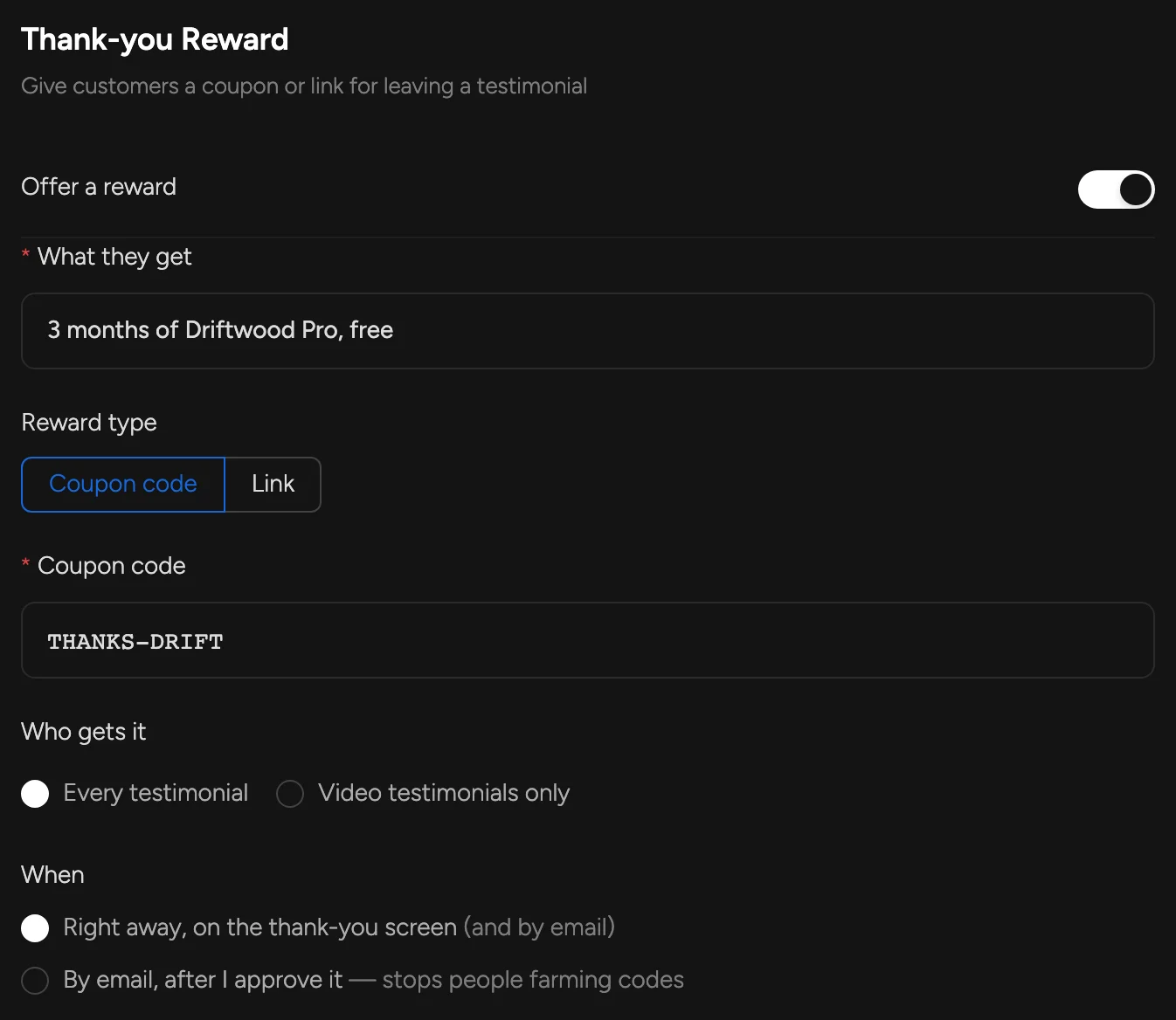 Thank-you Reward settings