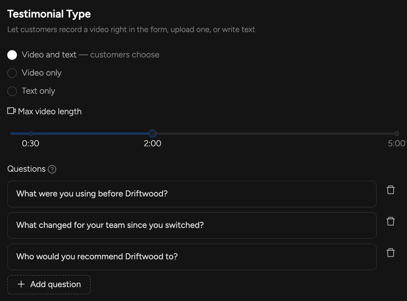 Testimonial Type settings