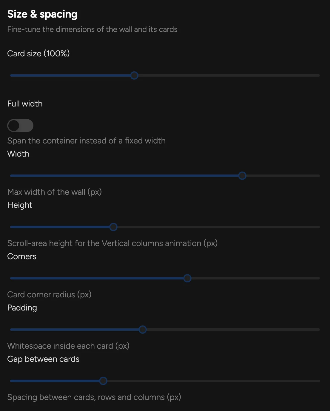Size and spacing sliders