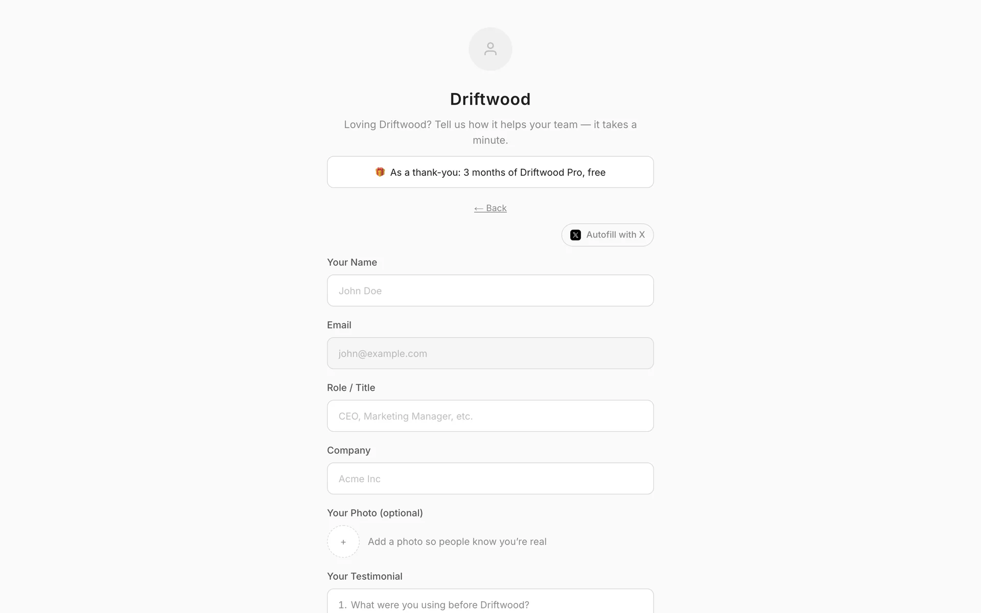 The Driftwood testimonial page on a desktop browser