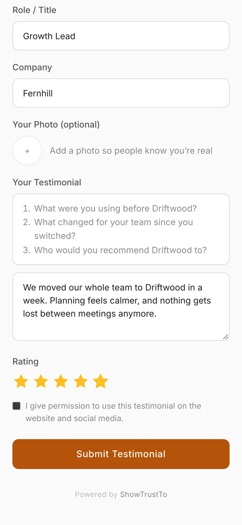 The testimonial form filled in with a five-star rating