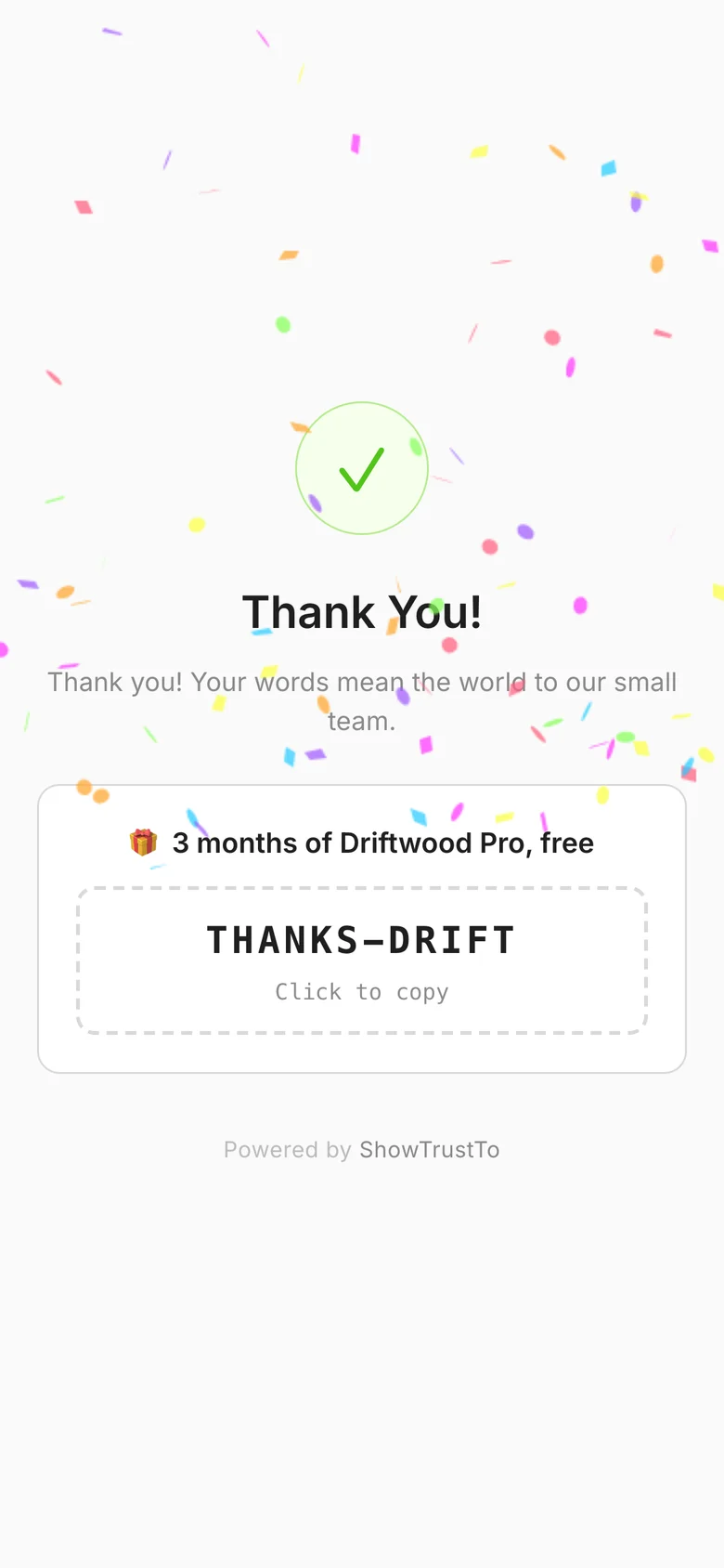 The thank-you screen with a coupon code
