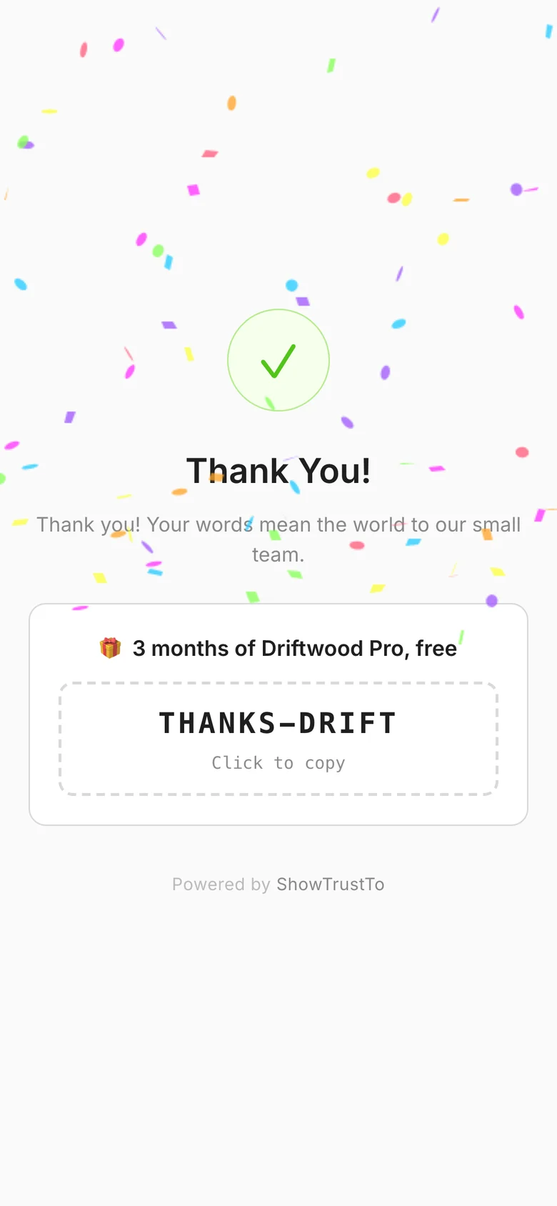 The thank-you screen with confetti after submitting
