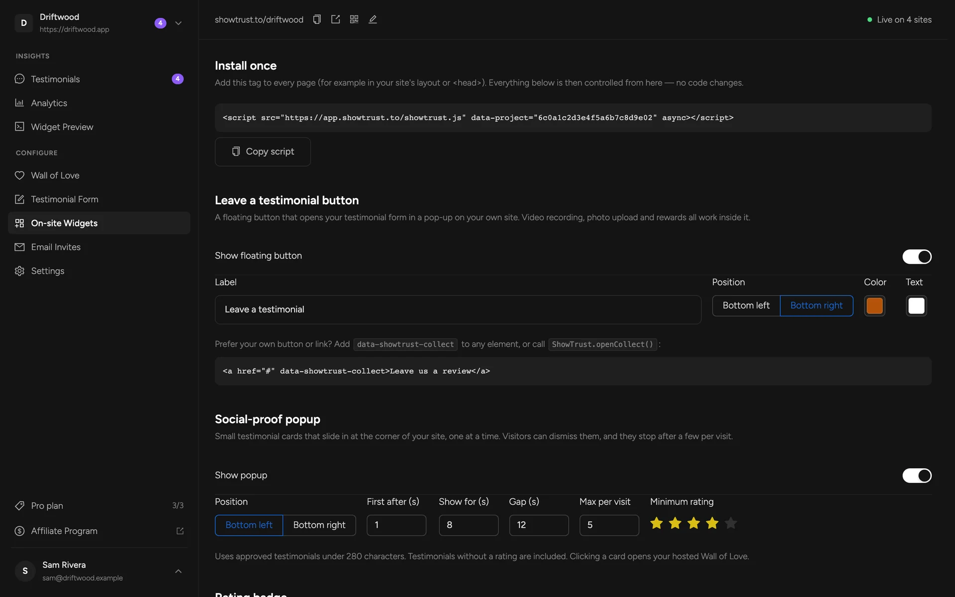 The On-site Widgets settings