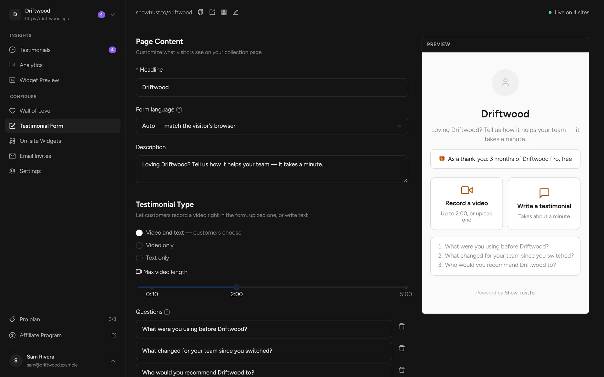 The Testimonial Form editor with its live preview