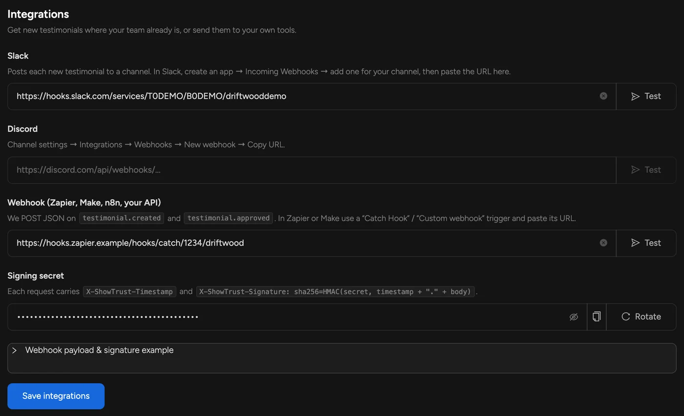 Slack, Discord and webhook settings