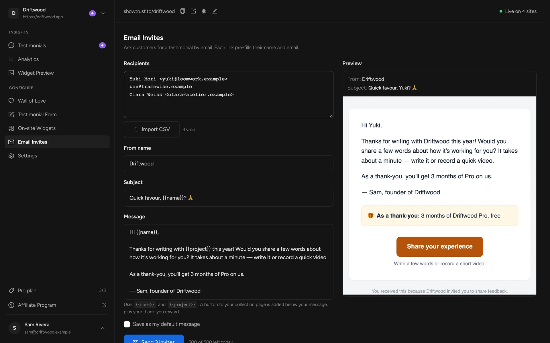 Writing an invite email with a live preview