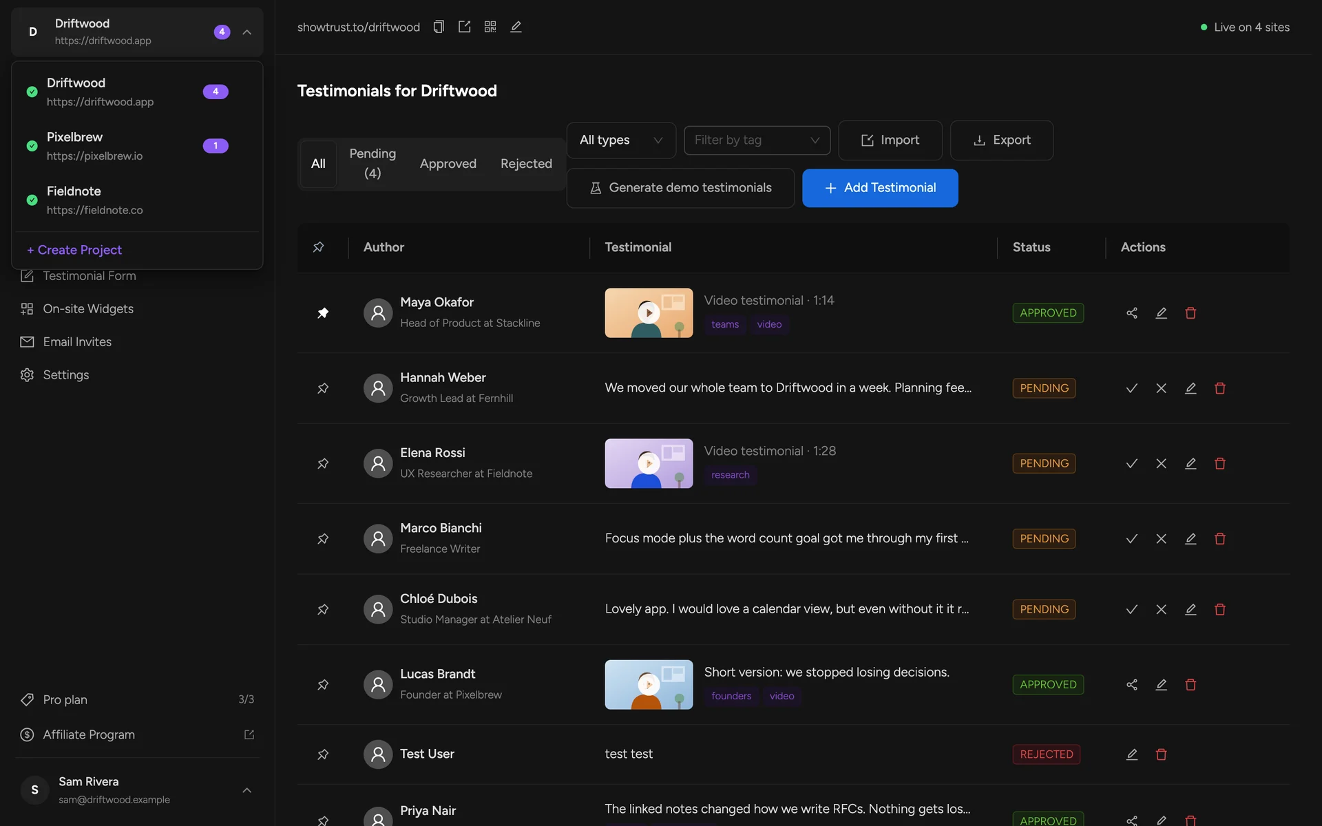The project switcher open with three projects