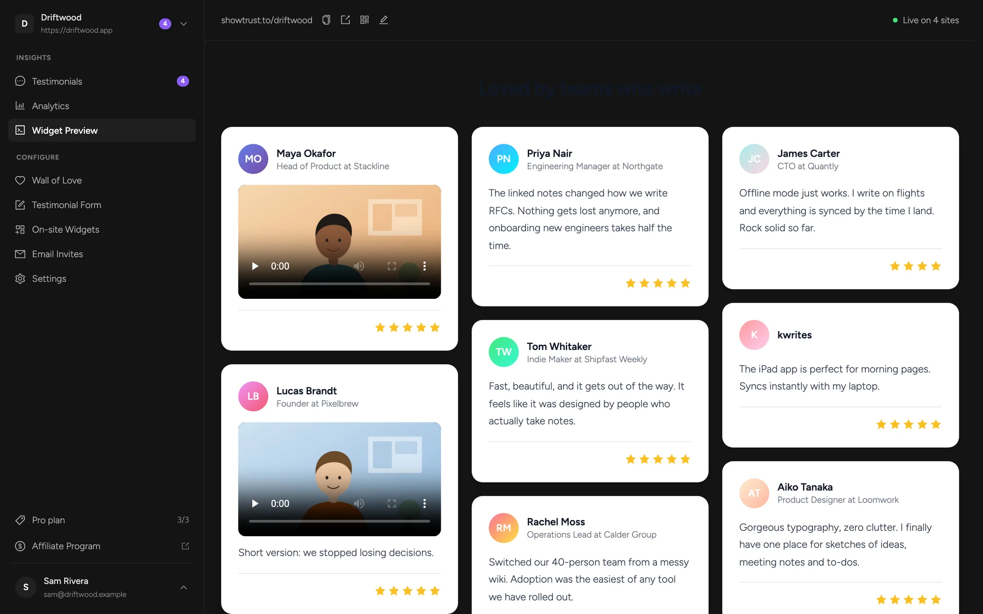 Widget Preview showing the Driftwood wall with real testimonials