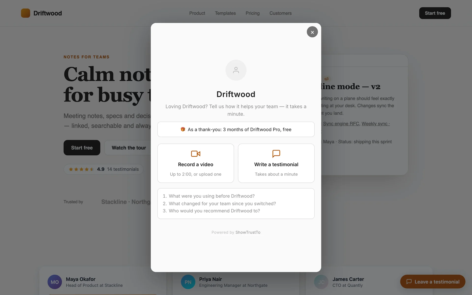The testimonial form open in a pop-up on the customer's site