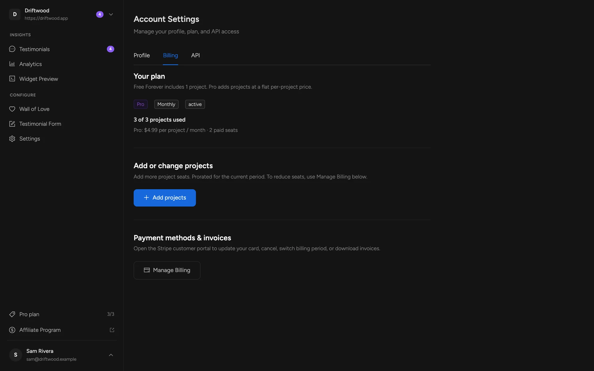 Account Settings, Billing tab on the Pro plan