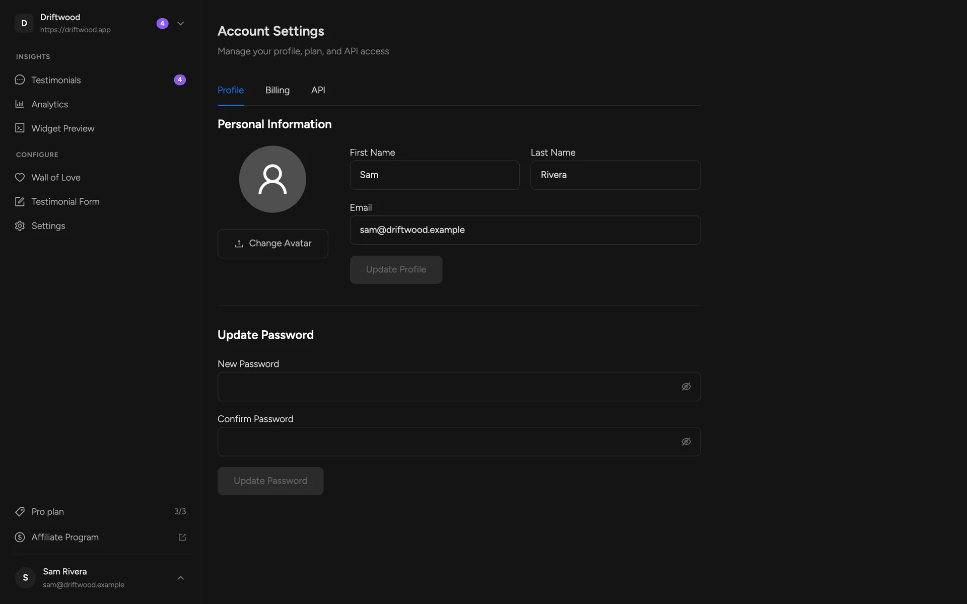 Account Settings, Profile tab