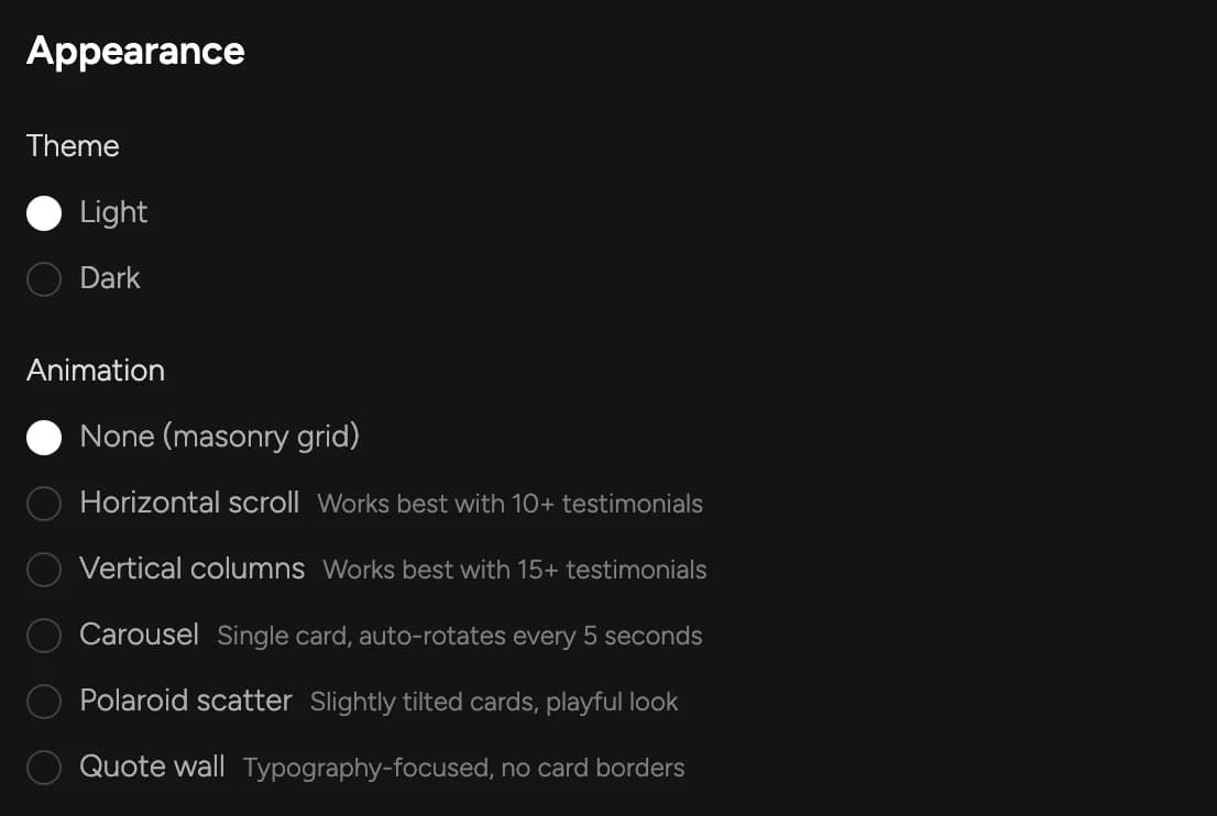 Appearance settings: theme and animation
