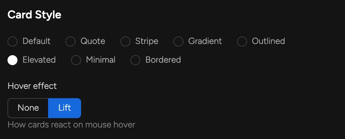 Card style and hover effect settings