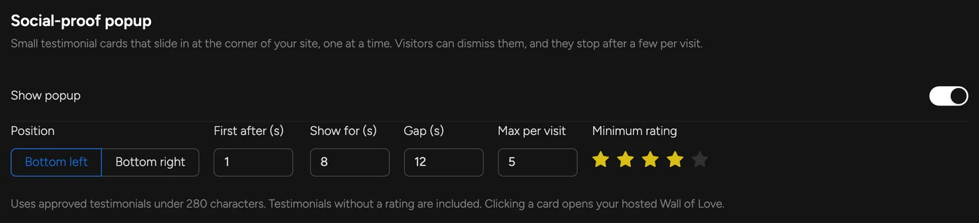 Social-proof popup settings