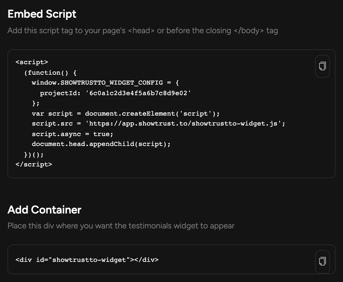 The Embed Script and Add Container snippets