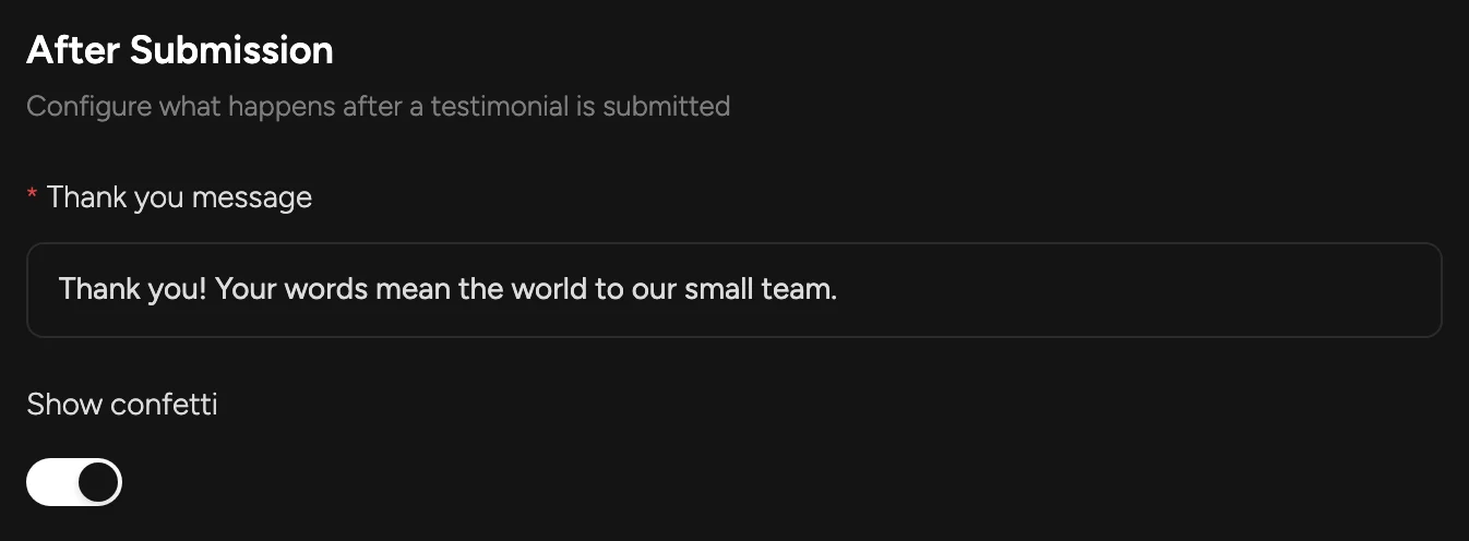 After Submission settings: thank-you message and confetti