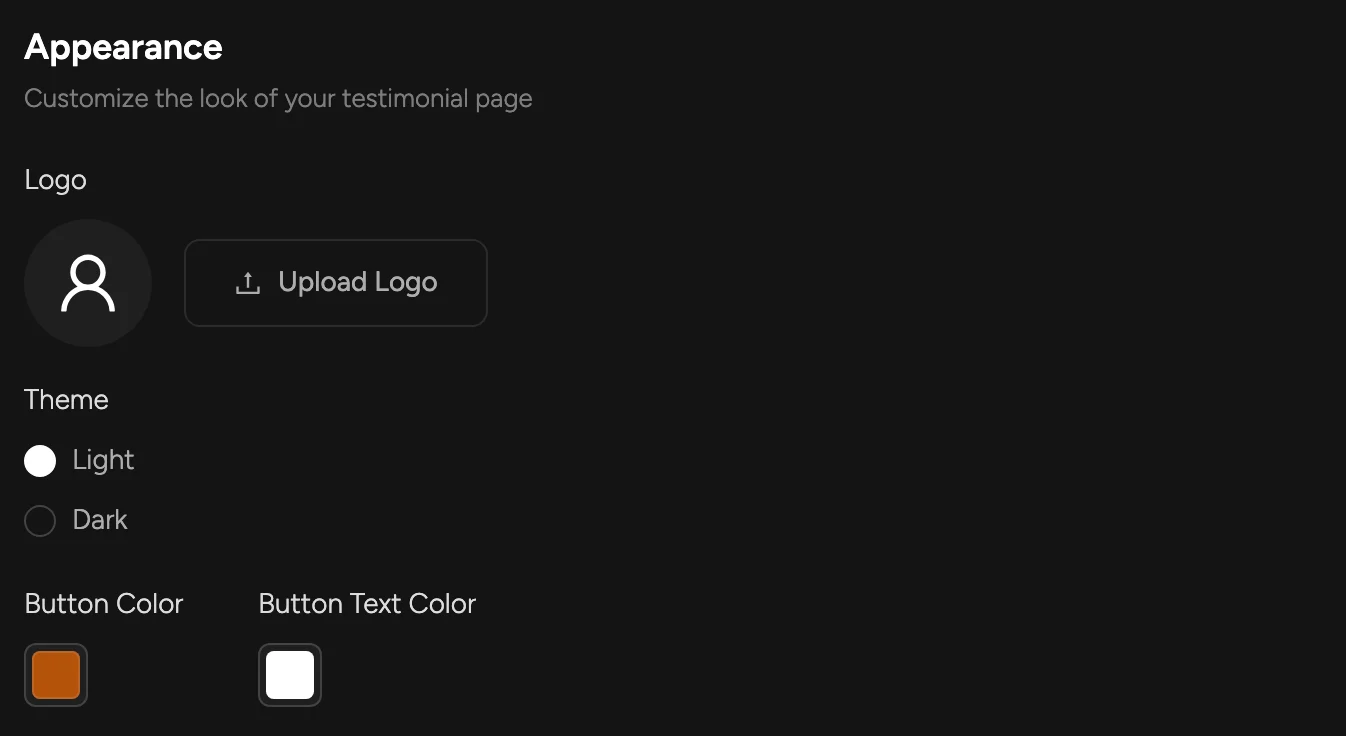 Appearance settings: logo, theme and button colors
