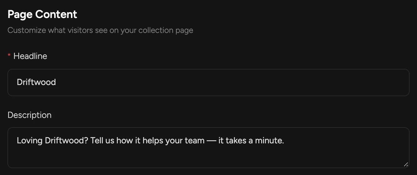 Page Content settings: Headline and Description