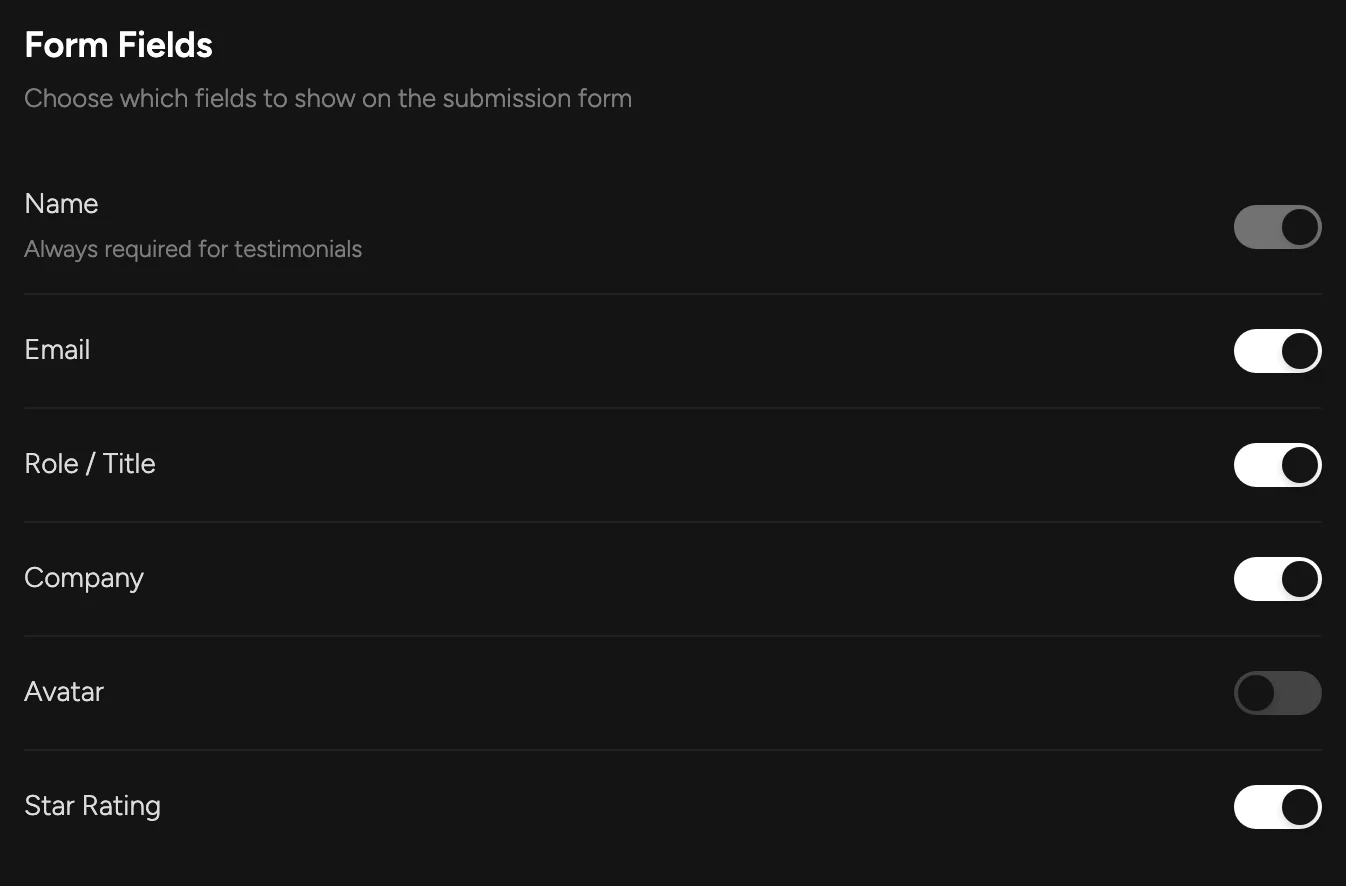 Form Fields settings with a toggle for each field