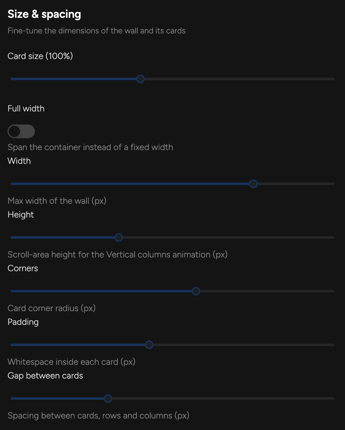 Size and spacing sliders