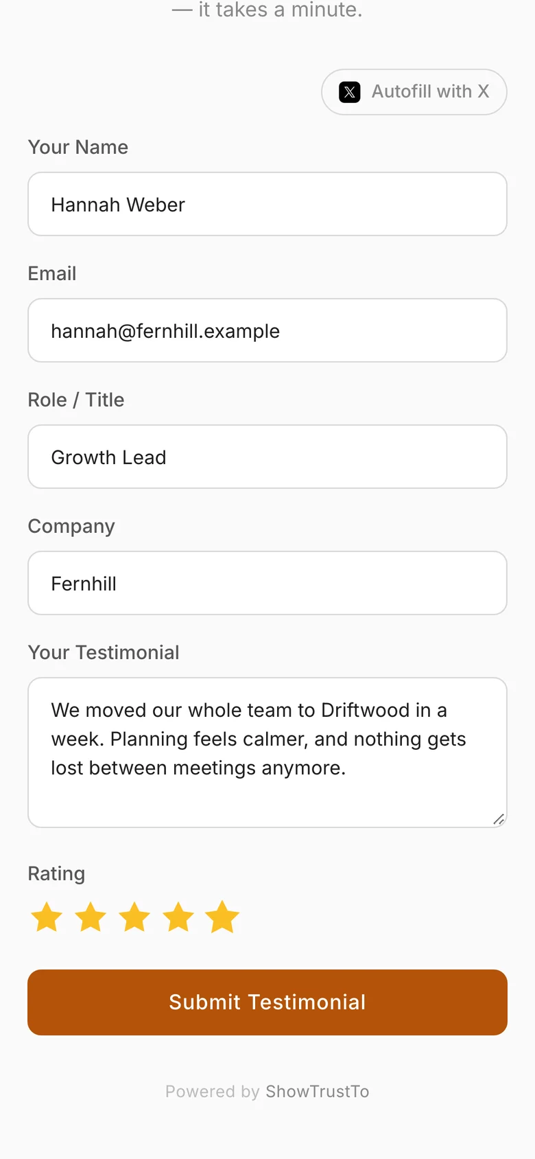 The testimonial form filled in with a five-star rating