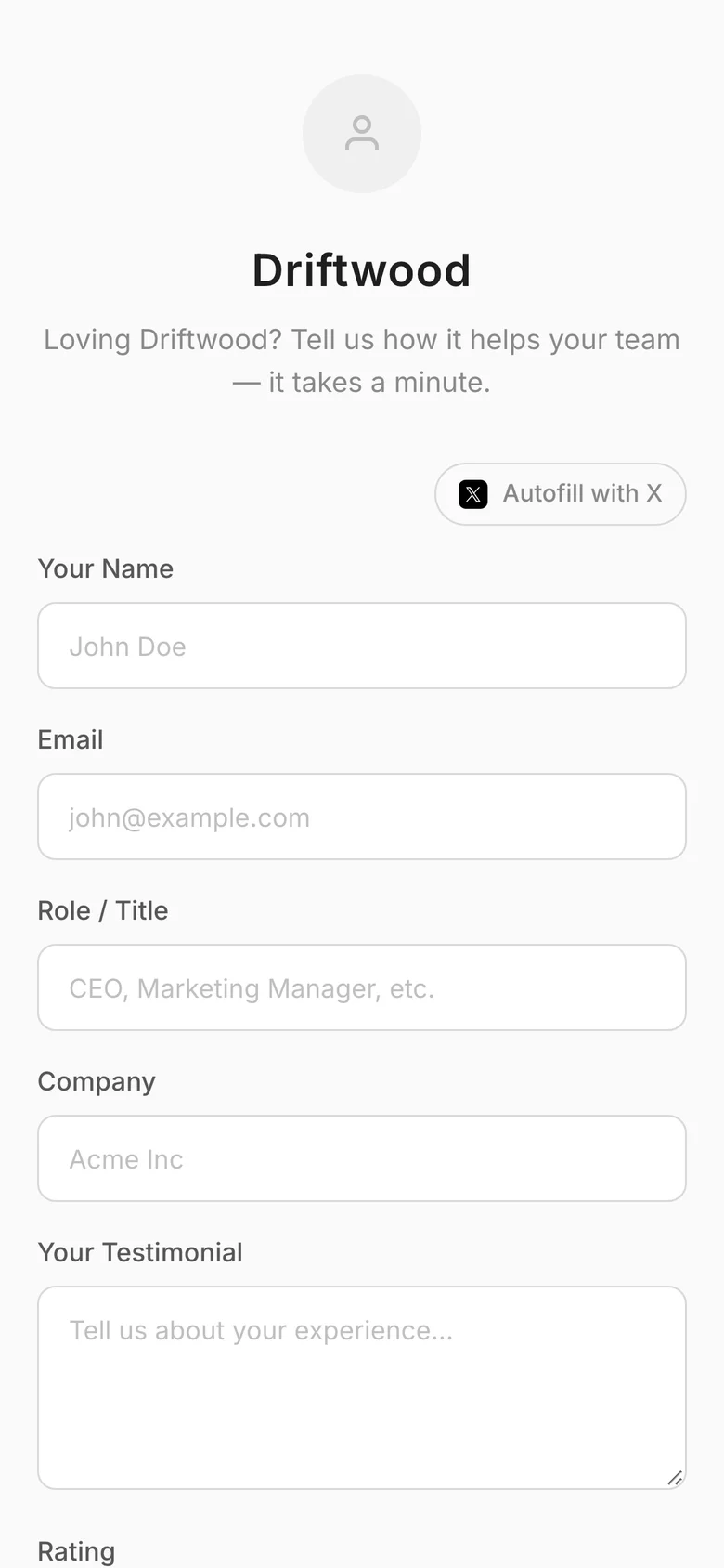 The Driftwood testimonial page on a phone, ready to fill in