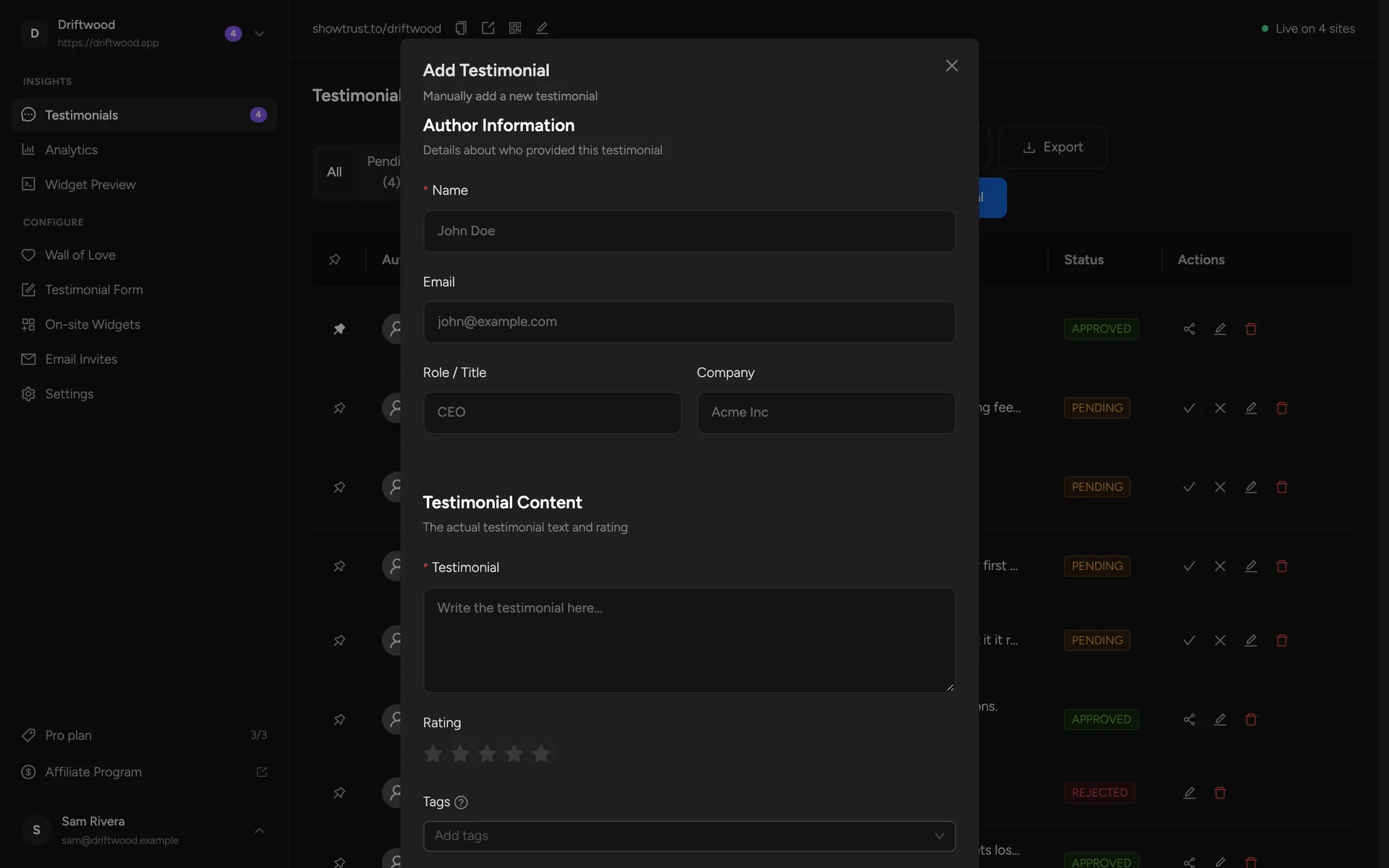 The Add Testimonial dialog