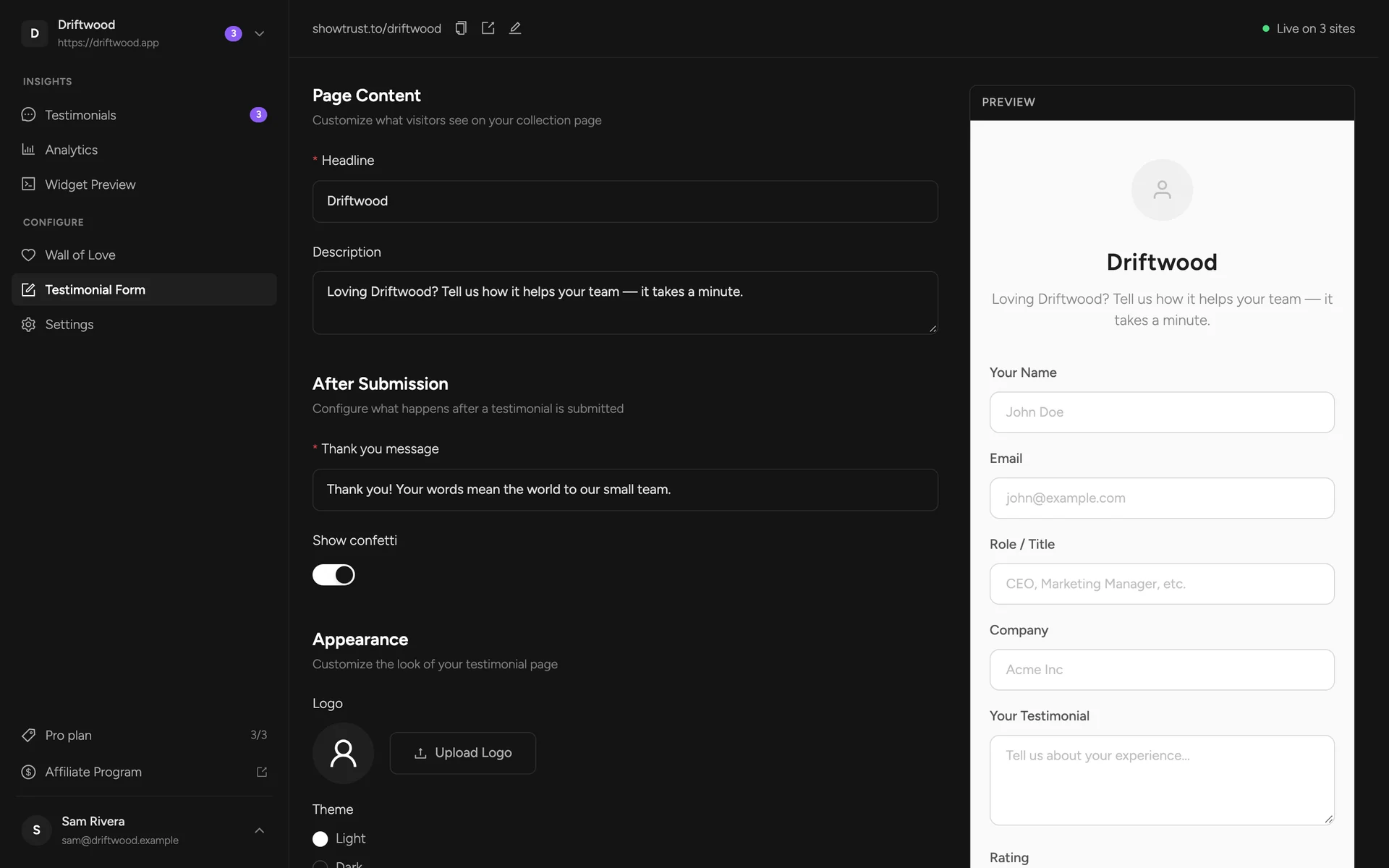 The Testimonial Form editor with its live preview