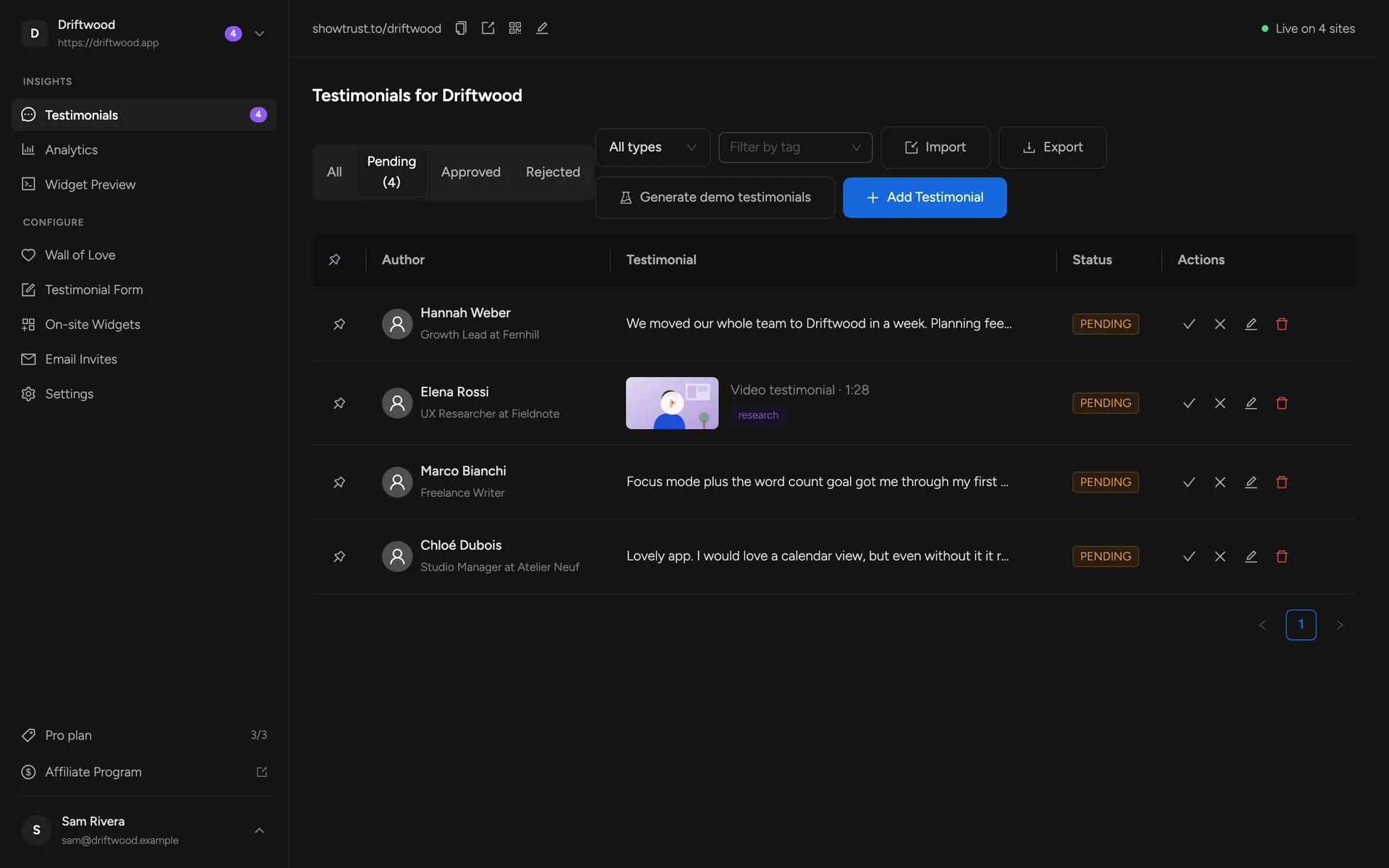 The Pending tab with approve, reject, edit and delete actions