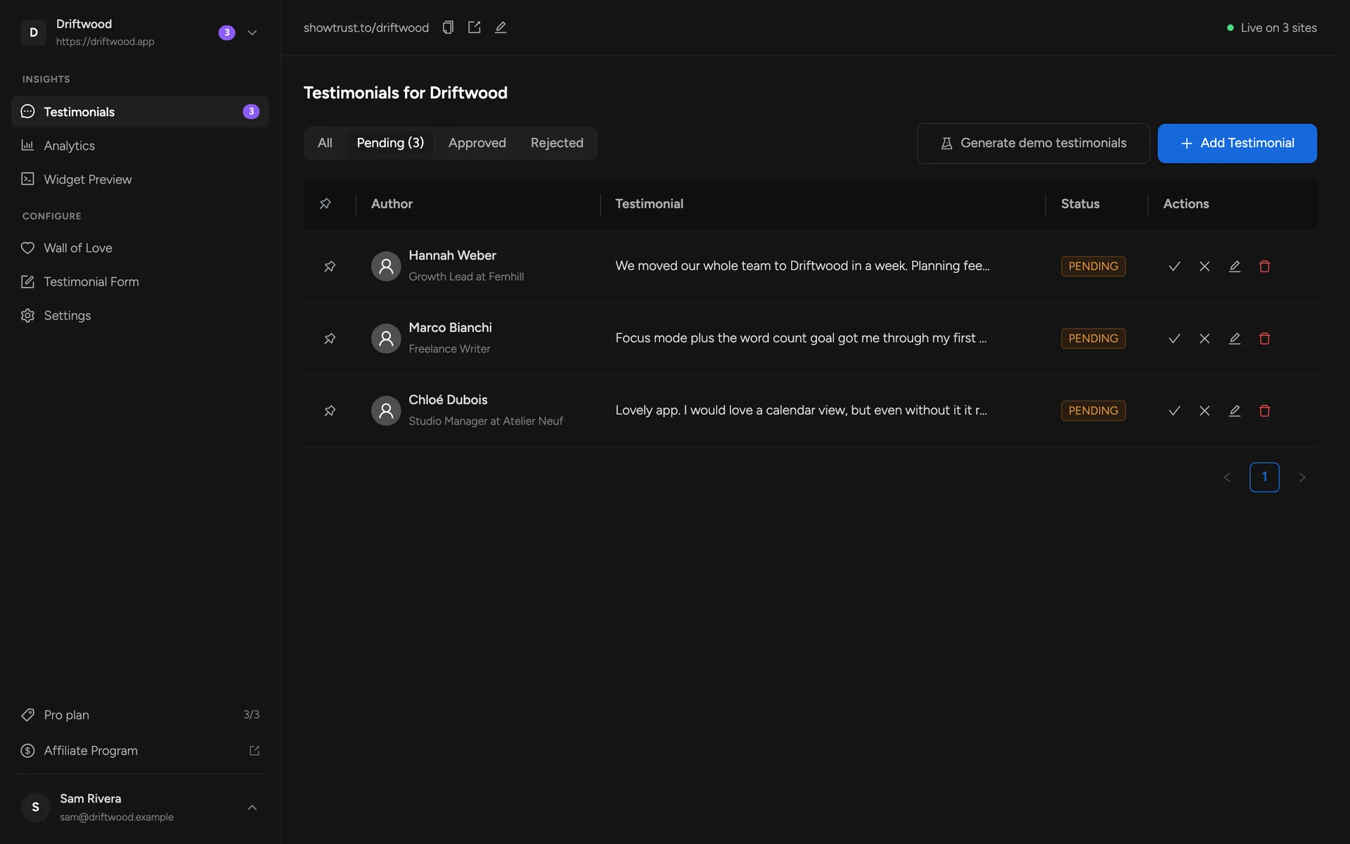 The Pending tab with approve, reject, edit and delete actions