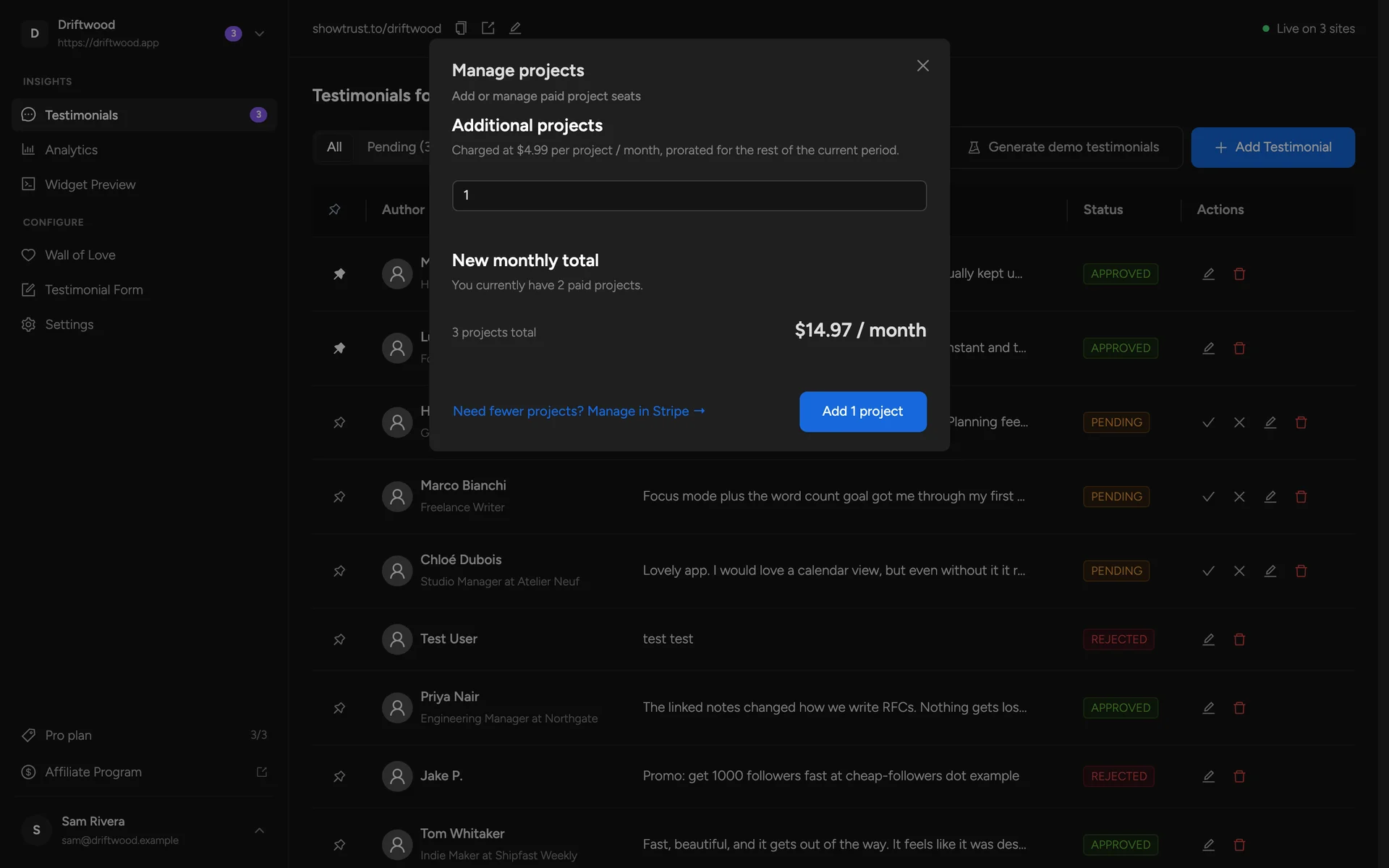 The dialog offering an additional project slot