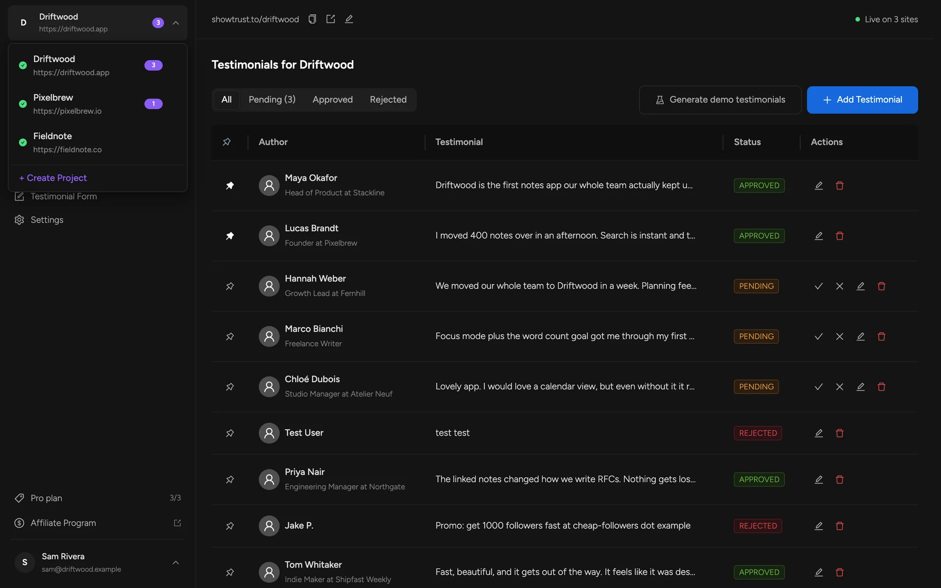 The project switcher open with three projects