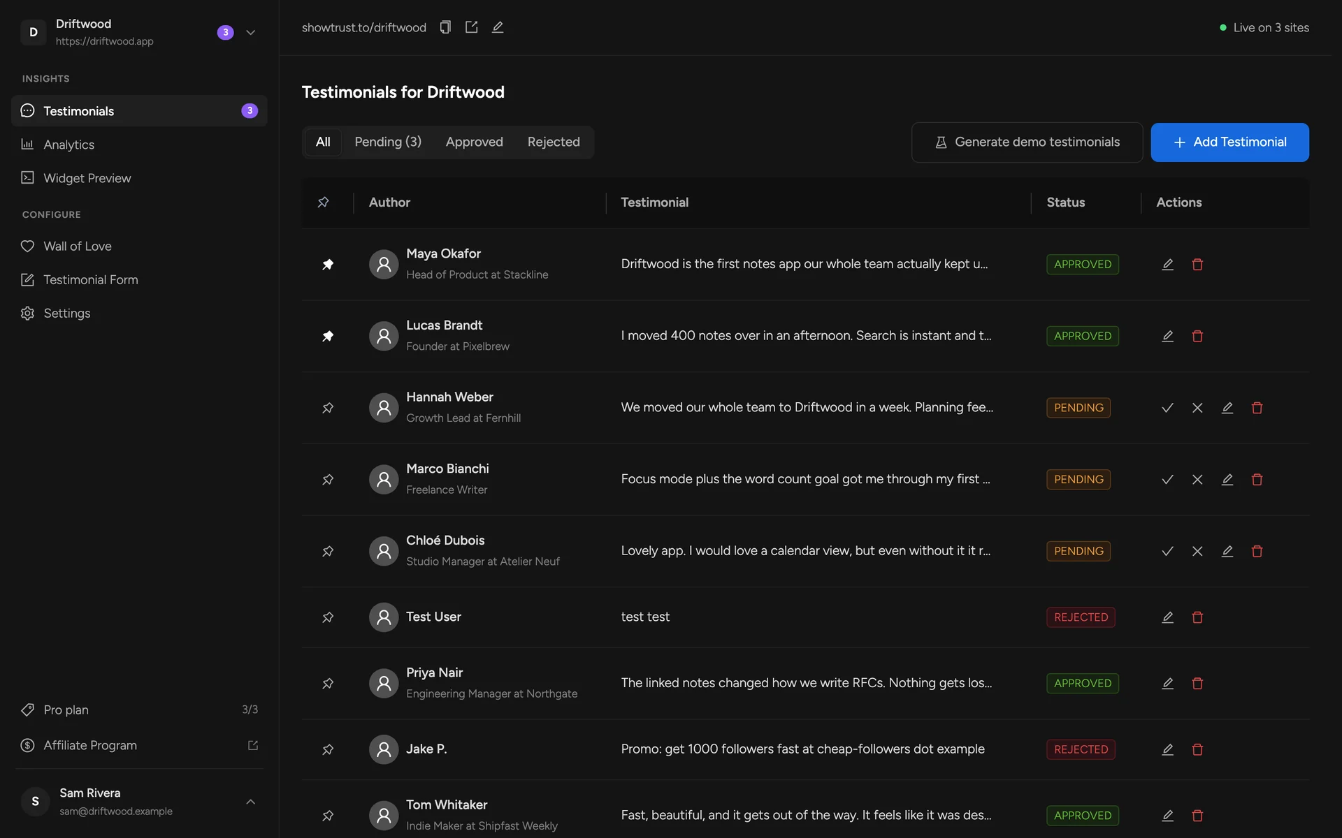 The Testimonials list with approved, pending and rejected testimonials