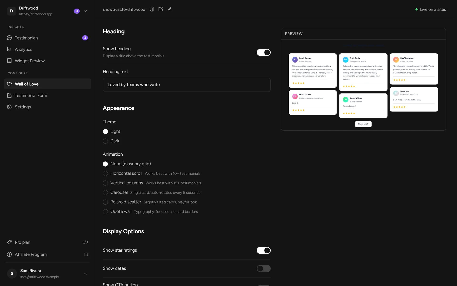 The Wall of Love editor with settings on the left and a live preview on the right