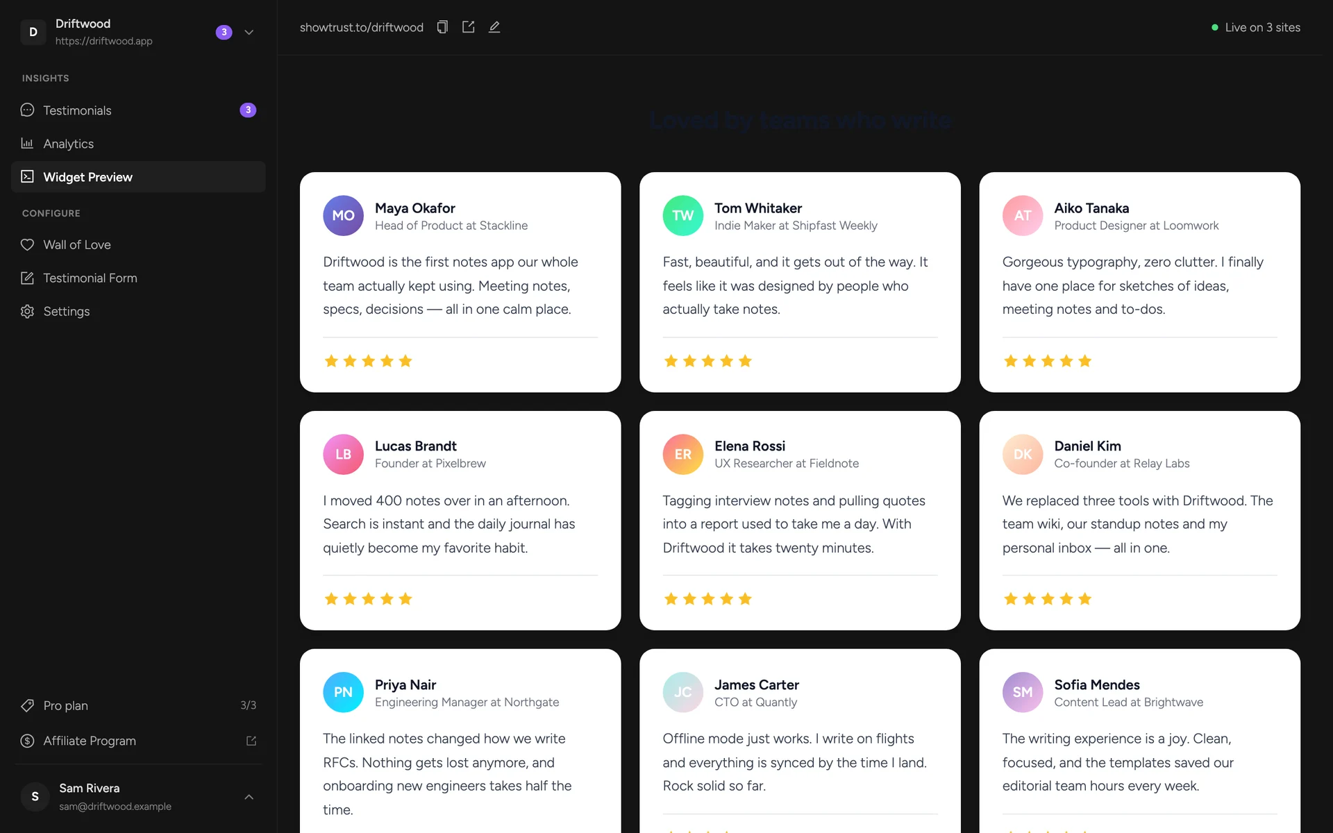 Widget Preview showing the Driftwood wall with real testimonials